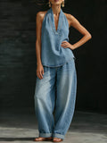 Whitening and natural-looking denim straight-leg casual trousers for women