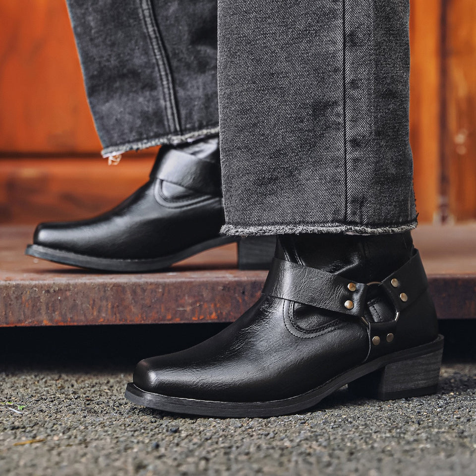 Aorui New 1034 short boots, denim boots, mid-top men's boots, riveted high-heeled Western boots, zipper pocket