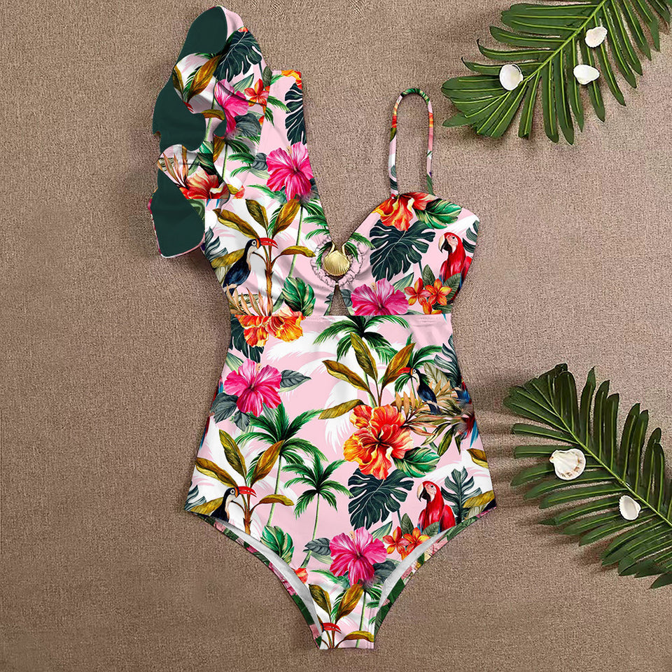2023 New shell swimsuit female one-piece one shoulder ruffled edge cross-border foreign trade explosion print Aliexpress Swimsuit
