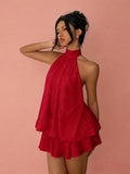 Halter-neck chiffon short skirt style casual wide Sanya vacation dress, vacation style dress