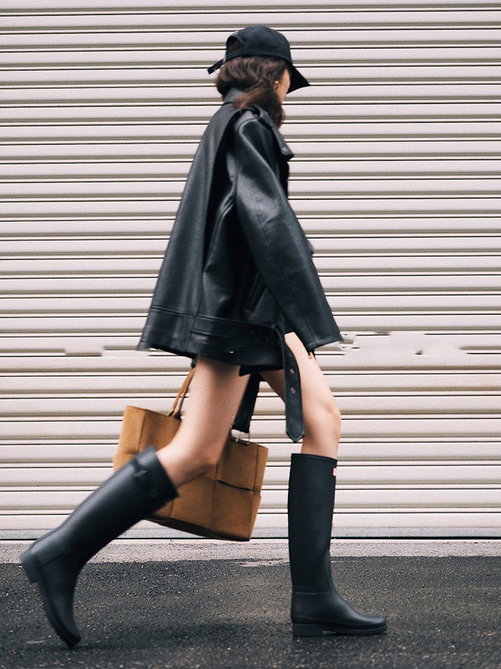 jing Dian 70's profile structure sense black loose locomotive leather jacket pu leather coat female 1 autumn and winter