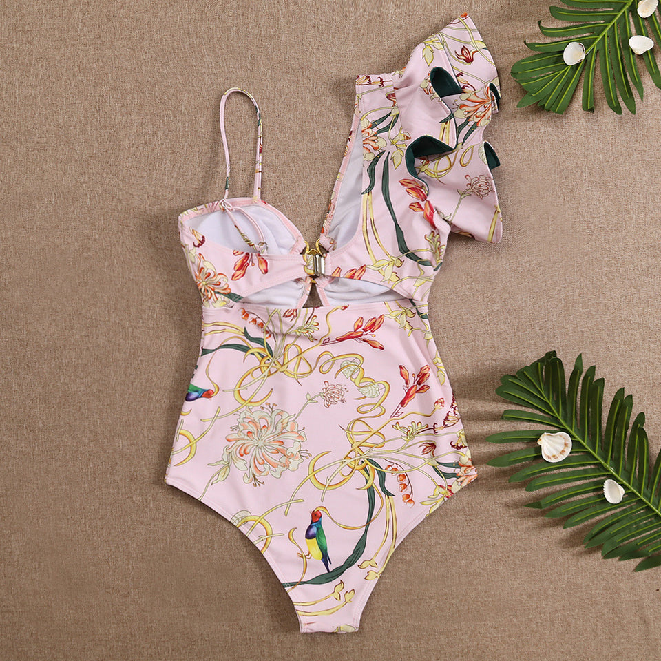 2023 New shell swimsuit female one-piece one shoulder ruffled edge cross-border foreign trade explosion print Aliexpress Swimsuit