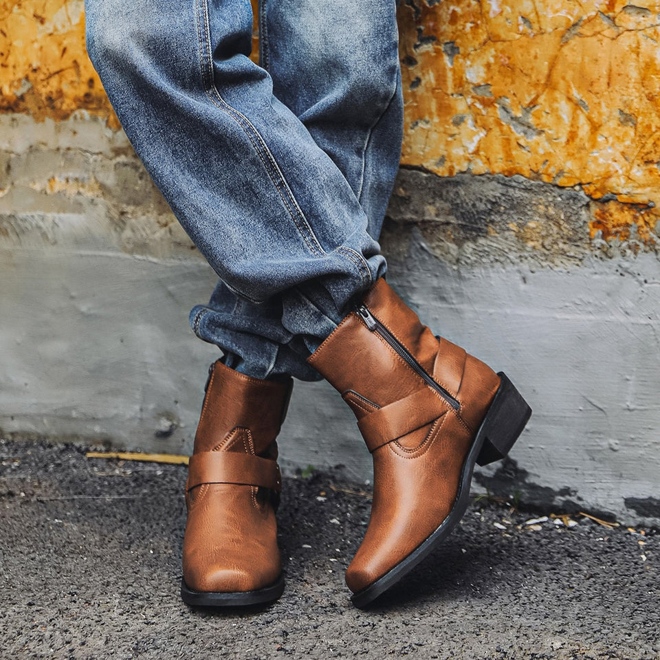 Aorui New 1034 short boots, denim boots, mid-top men's boots, riveted high-heeled Western boots, zipper pocket
