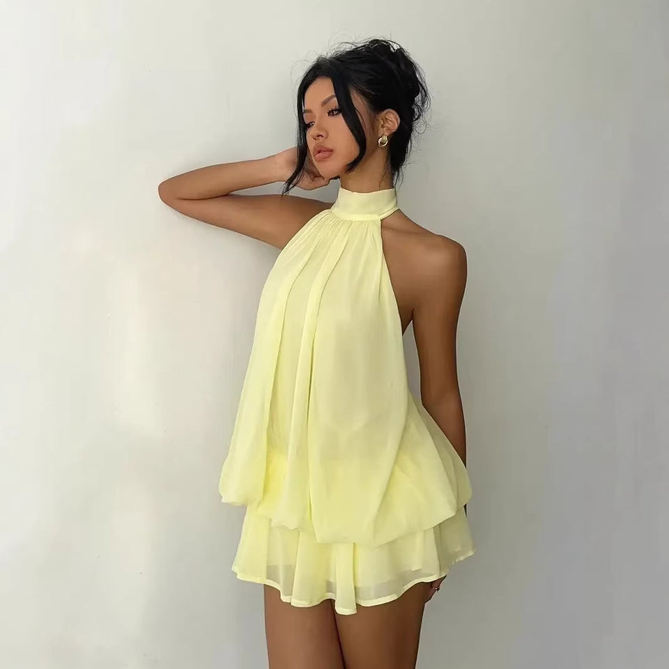 Halter-neck chiffon short skirt style casual wide Sanya vacation dress, vacation style dress