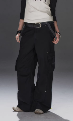 wearAndr ribbed patchwork elastic waist asymmetrical multi-pocket rivet split black street straight-leg trousers