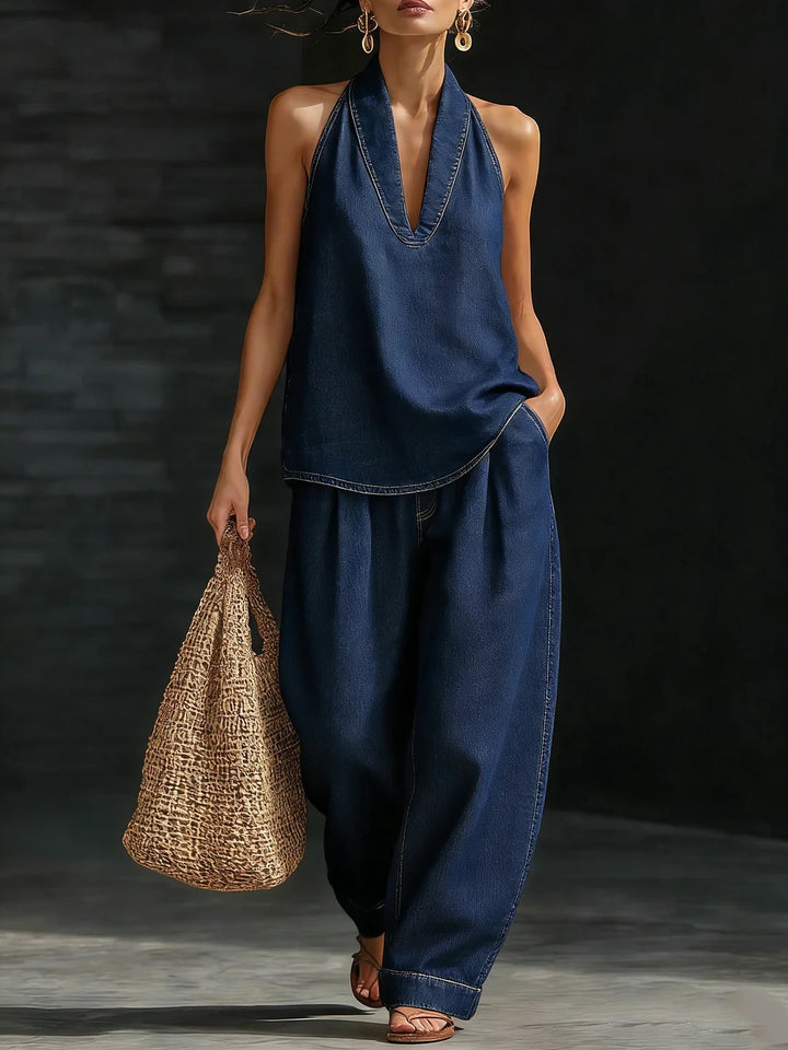 Whitening and natural-looking denim straight-leg casual trousers for women