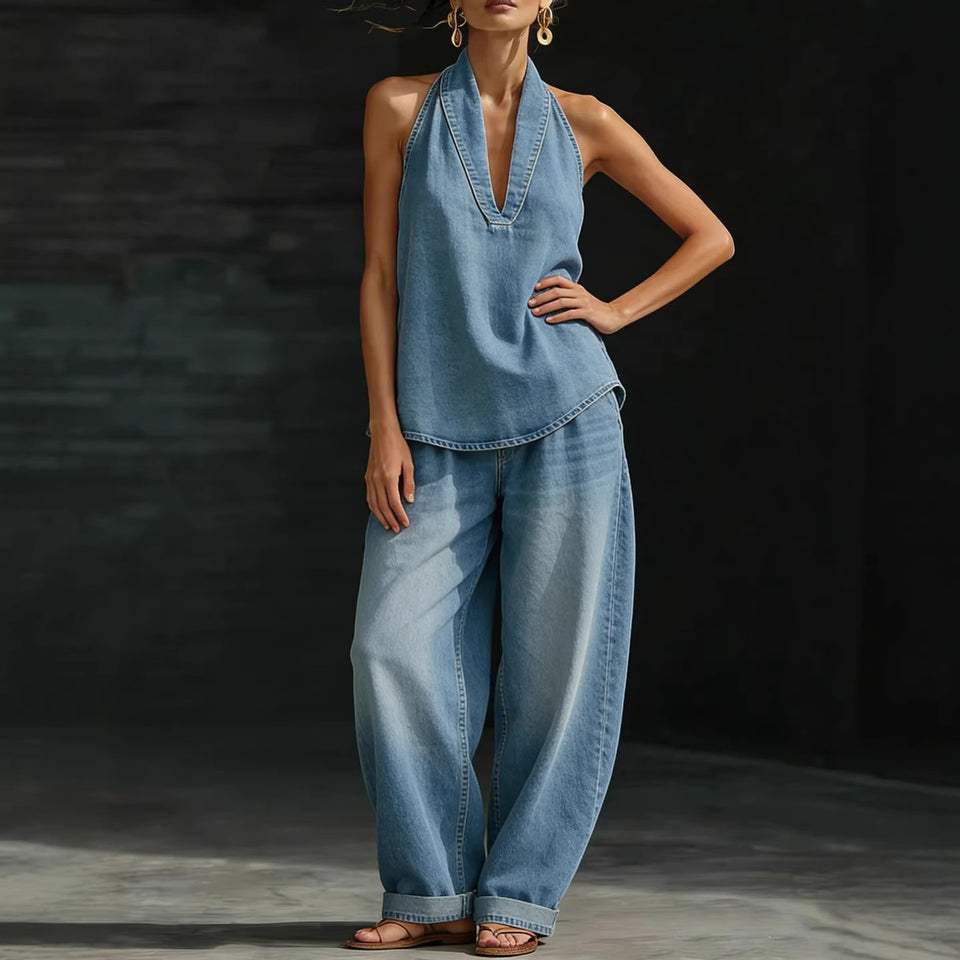 Whitening and natural-looking denim straight-leg casual trousers for women