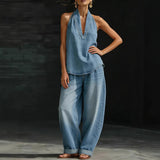 Whitening and natural-looking denim straight-leg casual trousers for women