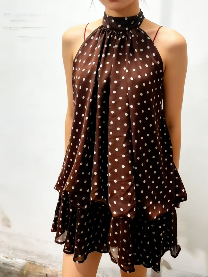 Halter-neck chiffon short skirt style casual wide Sanya vacation dress, vacation style dress