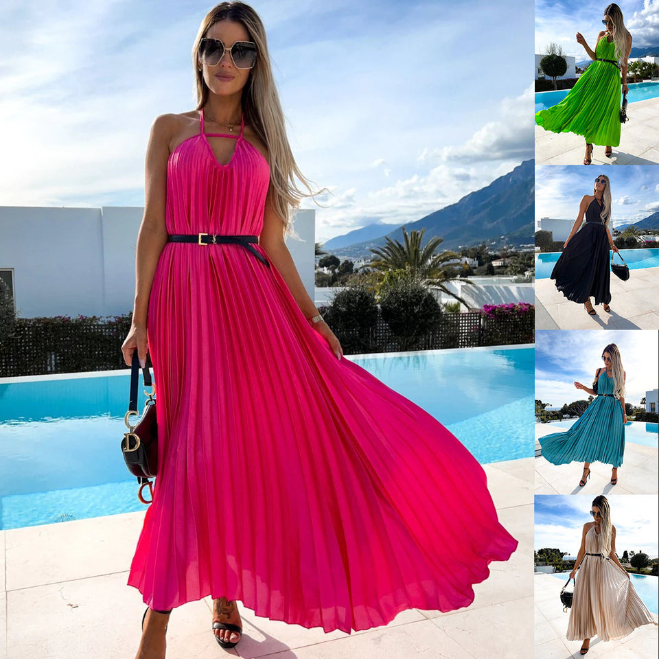 2022 Bohemian Pleated Maxi Dress with Belt
