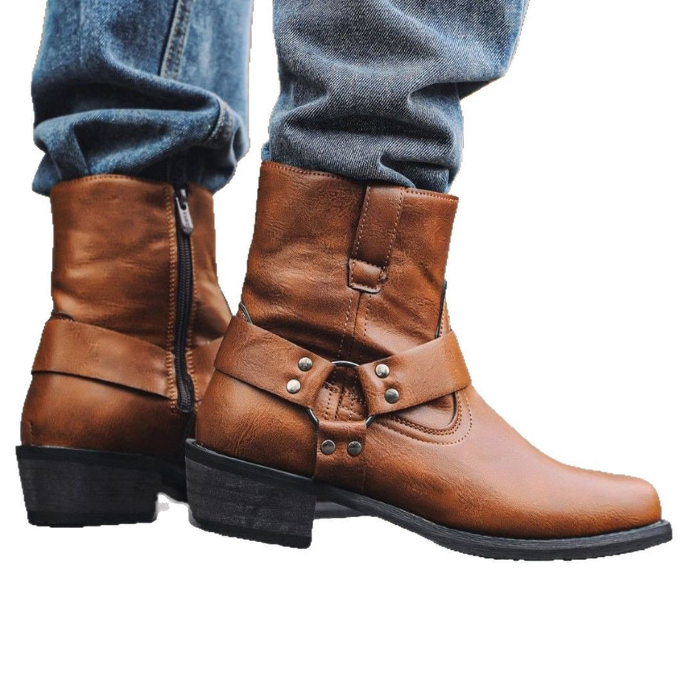 Aorui New 1034 short boots, denim boots, mid-top men's boots, riveted high-heeled Western boots, zipper pocket
