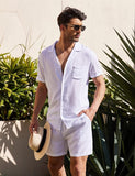New linen short sleeve shirt set linen summer loose casual cotton linen cardigan shirt shorts