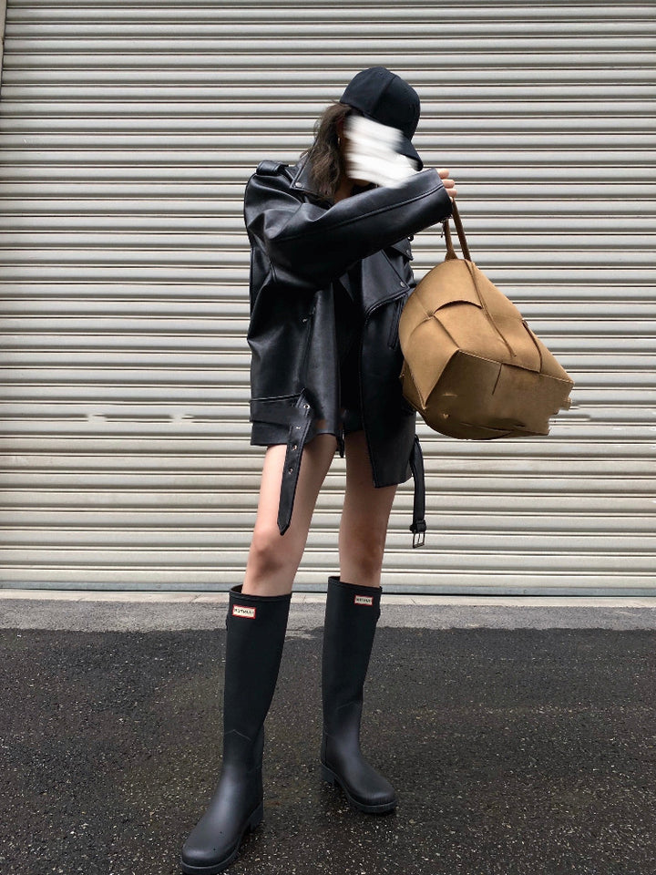 jing Dian 70's profile structure sense black loose locomotive leather jacket pu leather coat female 1 autumn and winter