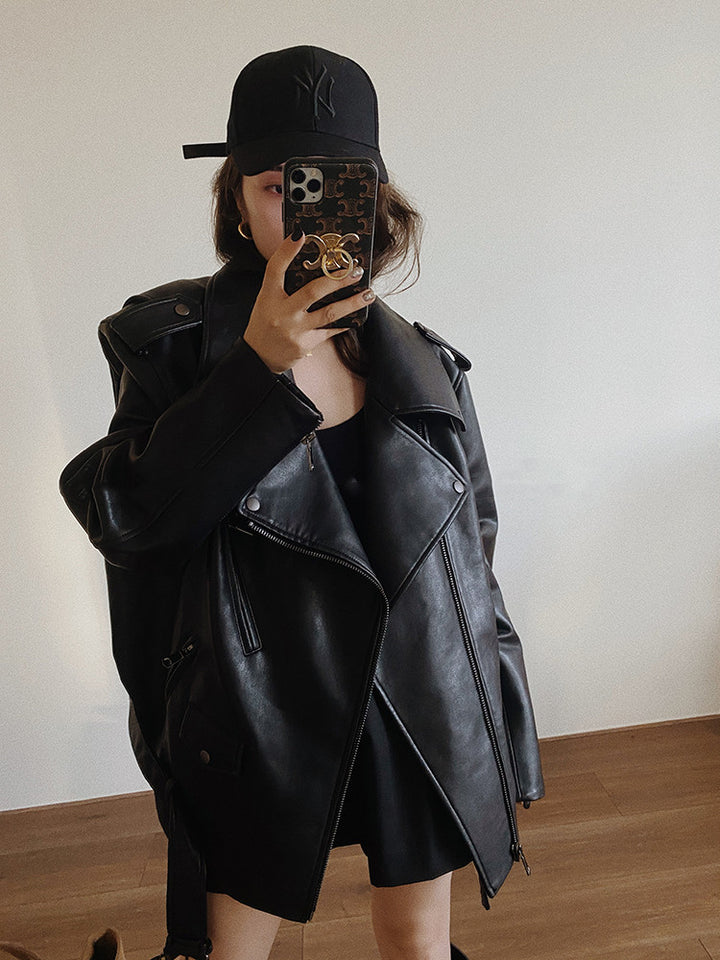 jing Dian 70's profile structure sense black loose locomotive leather jacket pu leather coat female 1 autumn and winter