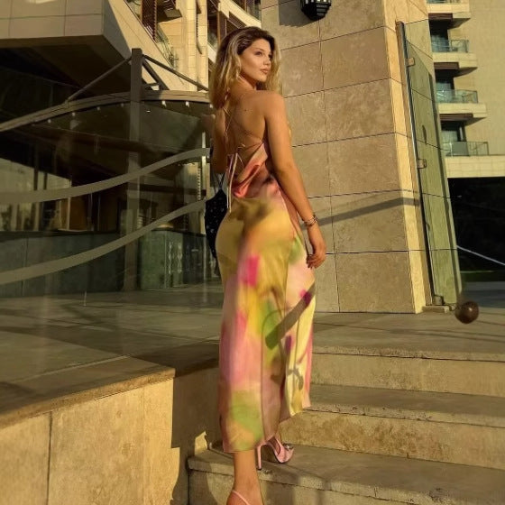 Tie-dye halter dress with feminine charm