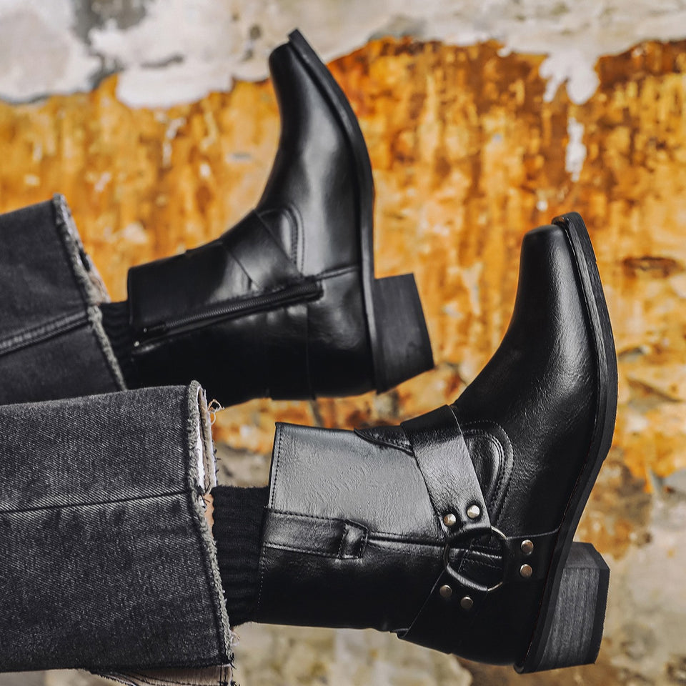 Aorui New 1034 short boots, denim boots, mid-top men's boots, riveted high-heeled Western boots, zipper pocket