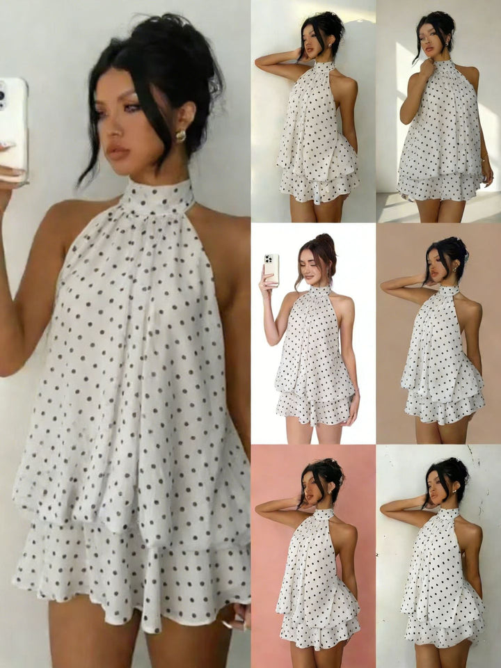 Halter-neck chiffon short skirt style casual wide Sanya vacation dress, vacation style dress