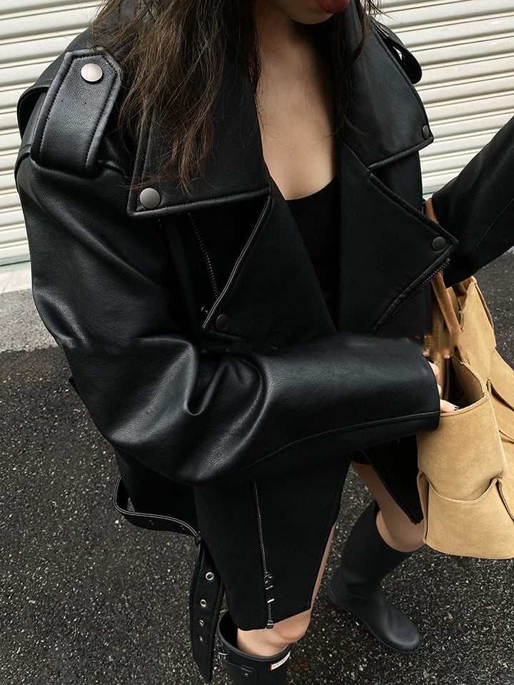jing Dian 70's profile structure sense black loose locomotive leather jacket pu leather coat female 1 autumn and winter