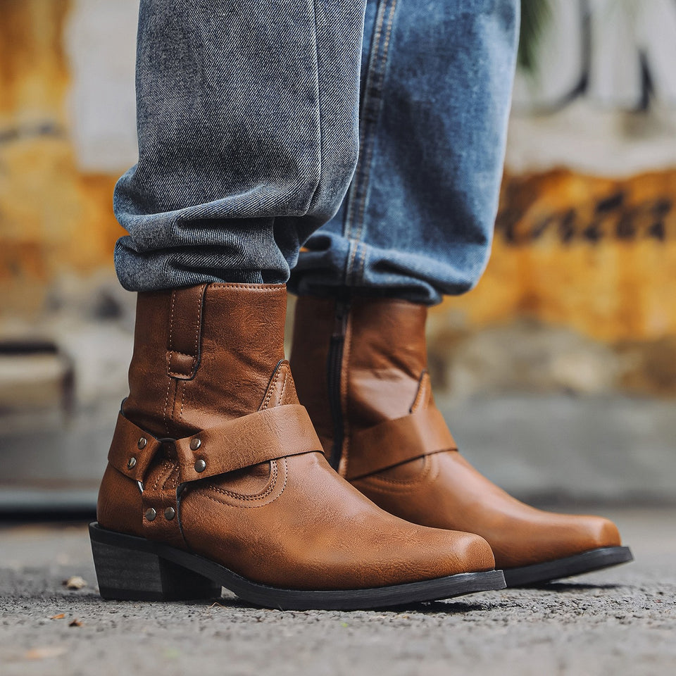 Aorui New 1034 short boots, denim boots, mid-top men's boots, riveted high-heeled Western boots, zipper pocket