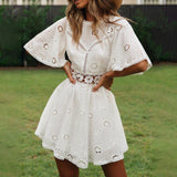 Backless Short Sleeve Mini Dress Cotton Lace Summer Sundress Women-2