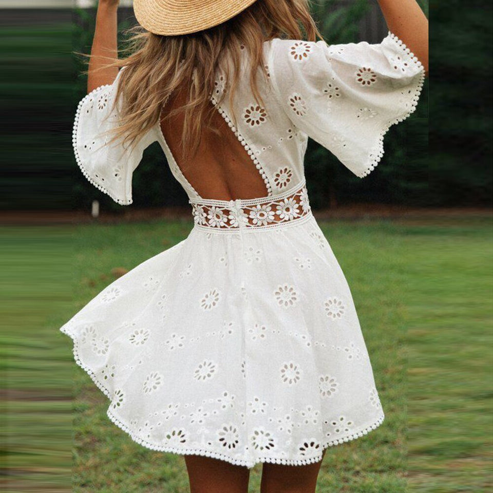 Backless Short Sleeve Mini Dress Cotton Lace Summer Sundress Women-0