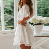 Backless Short Sleeve Mini Dress Cotton Lace Summer Sundress Women-3