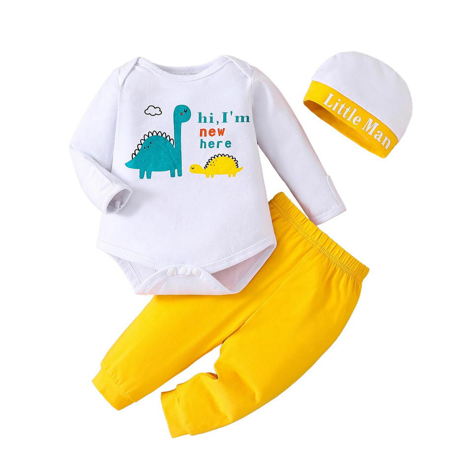 MVUOCR Toddler Baby Boys Outfits Fall Clothes Set Print Long Sleeve Pants Sets and Hat Soft Baby Coming Home Hospital Romper