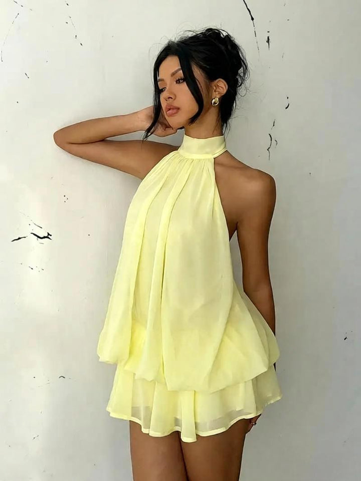 Halter-neck chiffon short skirt style casual wide Sanya vacation dress, vacation style dress