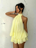 Halter-neck chiffon short skirt style casual wide Sanya vacation dress, vacation style dress