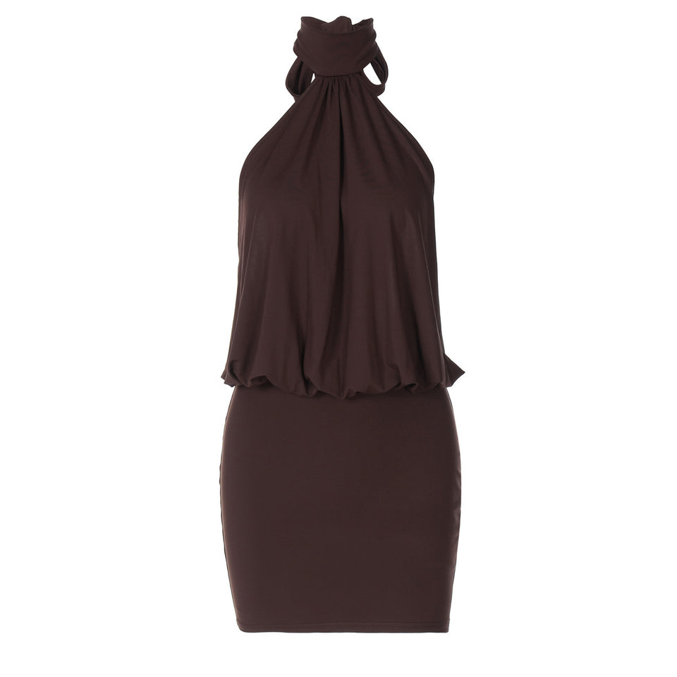 A sleeveless, halter-neck, backless, tight-fitting dress for women's clothing