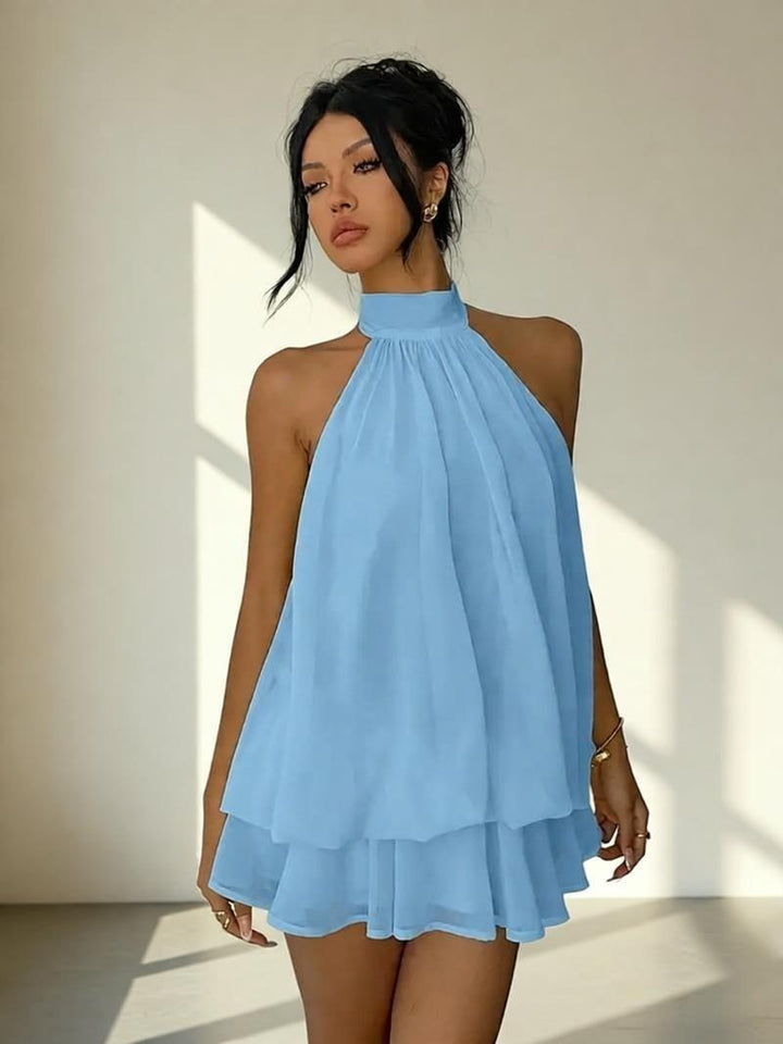 Halter-neck chiffon short skirt style casual wide Sanya vacation dress, vacation style dress