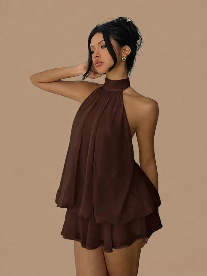 Halter-neck chiffon short skirt style casual wide Sanya vacation dress, vacation style dress