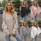 Autumn and winter off-the-shoulder large loose knitted sweater, one-neck solid color pullover sweater for women