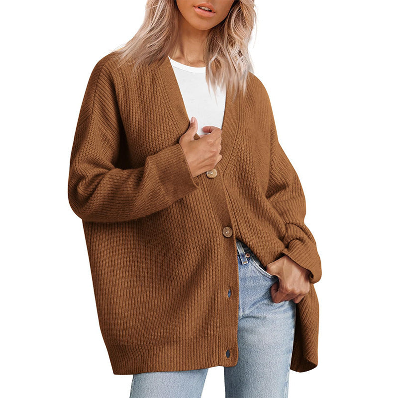A versatile knitted women's sweater with V-neck buttons and solid color for women