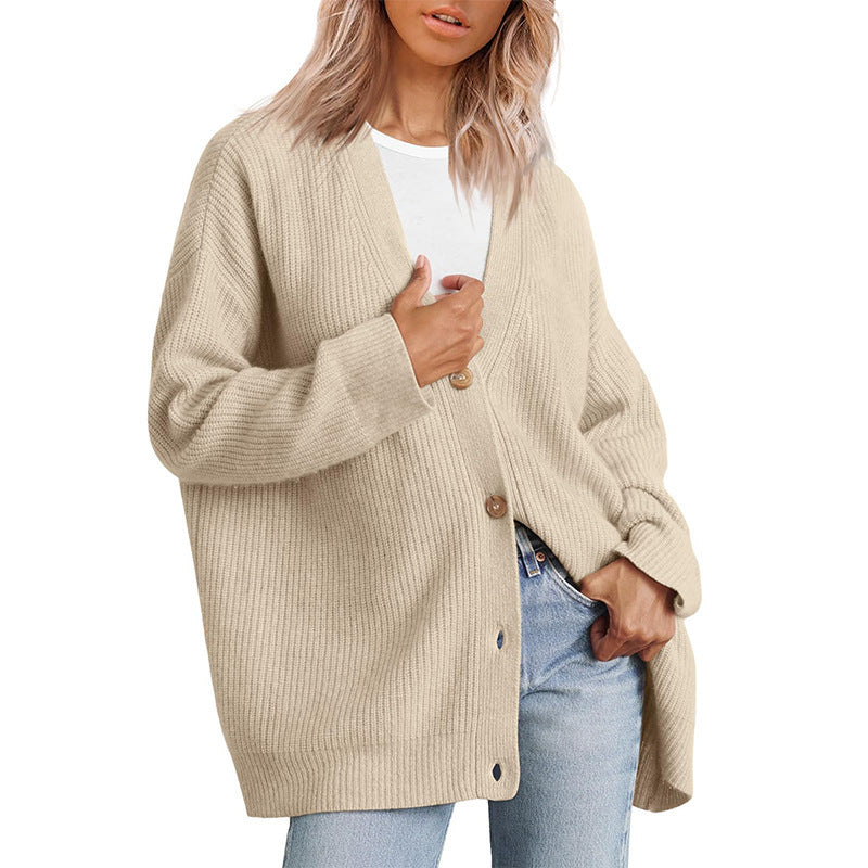 A versatile knitted women's sweater with V-neck buttons and solid color for women