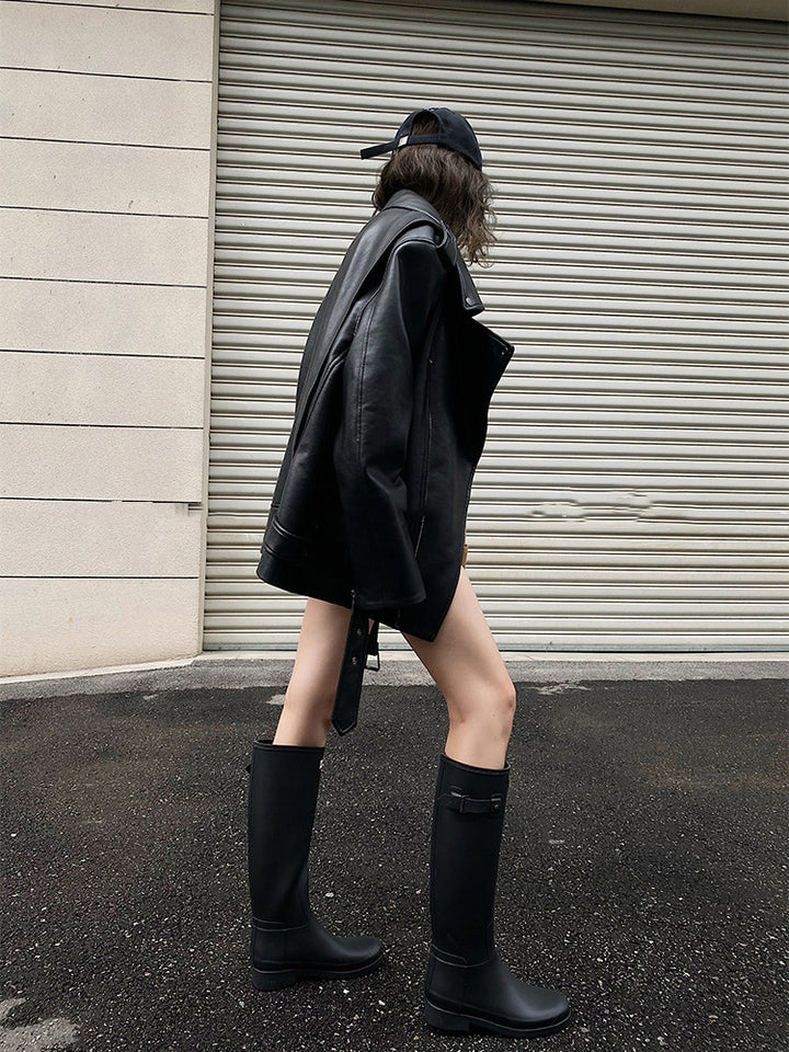 jing Dian 70's profile structure sense black loose locomotive leather jacket pu leather coat female 1 autumn and winter