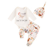 Newborn Baby Boy Girl Coming Home Outfit Letter Print Romper + Long Pants + Hat Set 3Pcs Cute Infant Clothes (Chicken 0-3 Months)