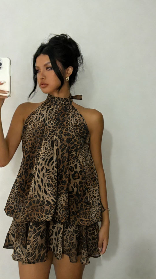 Halter-neck chiffon short skirt style casual wide Sanya vacation dress, vacation style dress