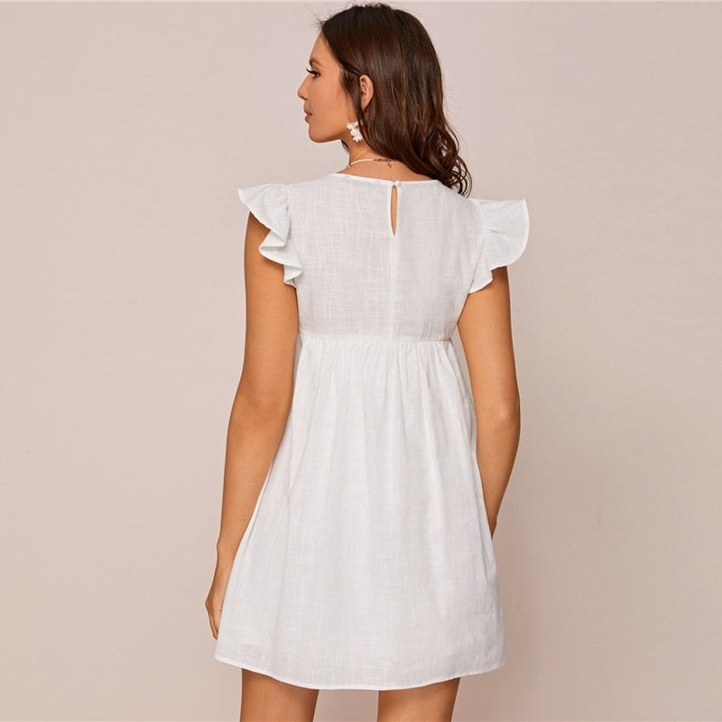 White Ruffle Armhole Embroidery Floral Smock Dress Women Summer High Waist Cap Sleeve Cute Boho Short Flared Dresses-4