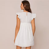 White Ruffle Armhole Embroidery Floral Smock Dress Women Summer High Waist Cap Sleeve Cute Boho Short Flared Dresses-4