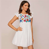 White Ruffle Armhole Embroidery Floral Smock Dress Women Summer High Waist Cap Sleeve Cute Boho Short Flared Dresses-3