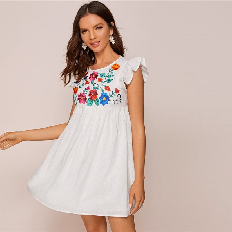 White Ruffle Armhole Embroidery Floral Smock Dress Women Summer High Waist Cap Sleeve Cute Boho Short Flared Dresses-2