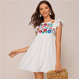 White Ruffle Armhole Embroidery Floral Smock Dress Women Summer High Waist Cap Sleeve Cute Boho Short Flared Dresses-0